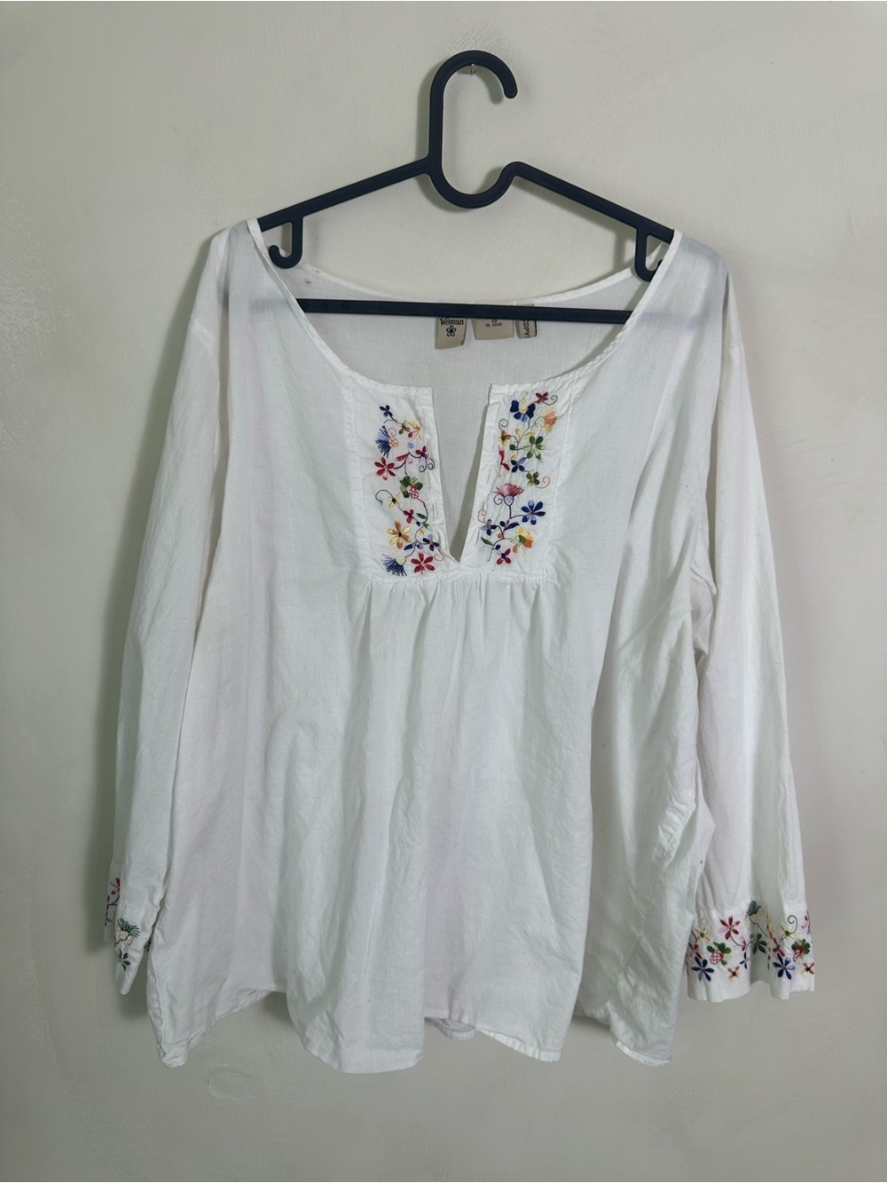 Quizz Woman Boho White Embroidered Long-Sleeve Peasant Blouse Cotton Size 20